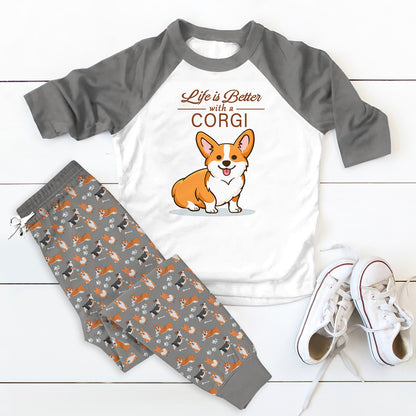 Corgi Life Is Better Pajama Set |Sleepwear Pjs Sets | Raglan Shirt Pants Set