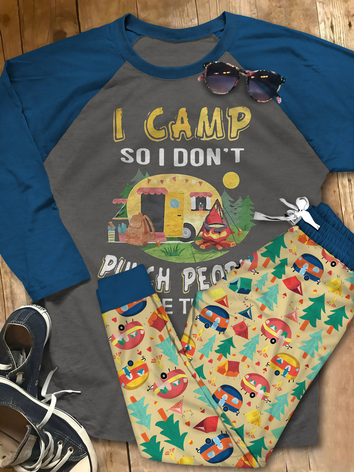 Camping Sunsnhine Camper Pajama Set |Sleepwear Pjs Sets | Raglan Shirt Pants Set
