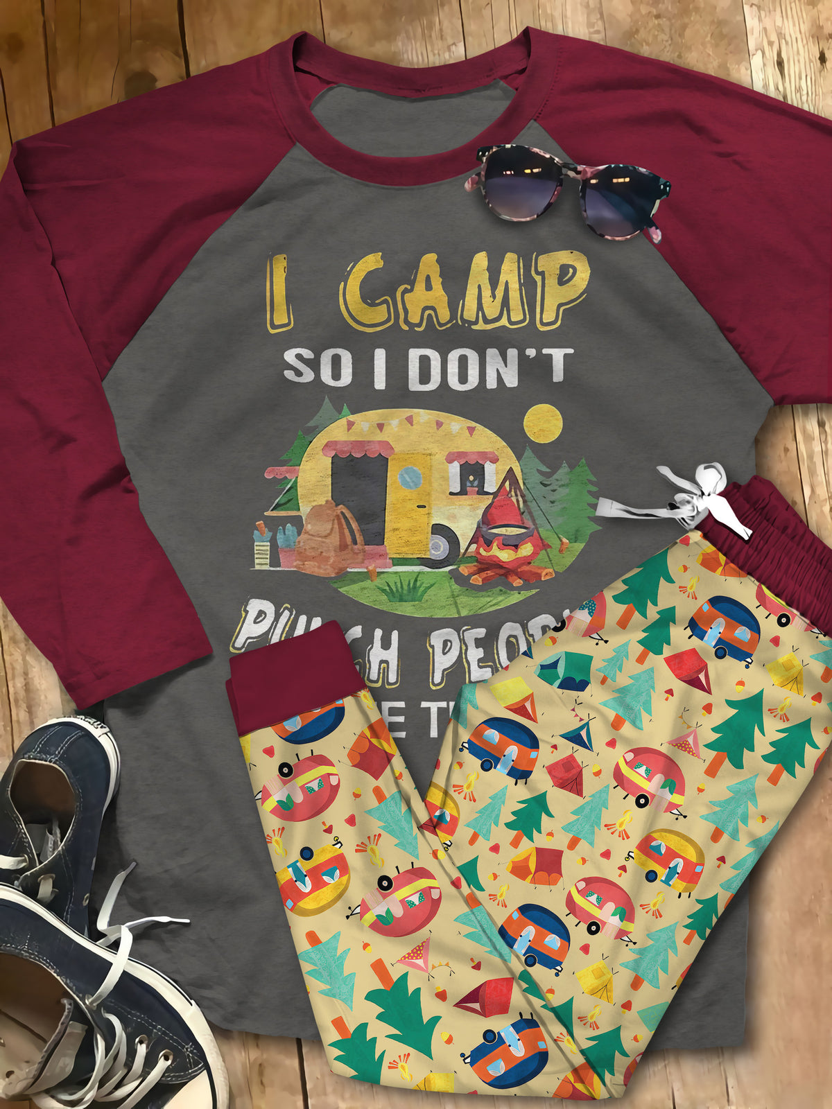 Camping Sunsnhine Camper Pajama Set |Sleepwear Pjs Sets | Raglan Shirt Pants Set