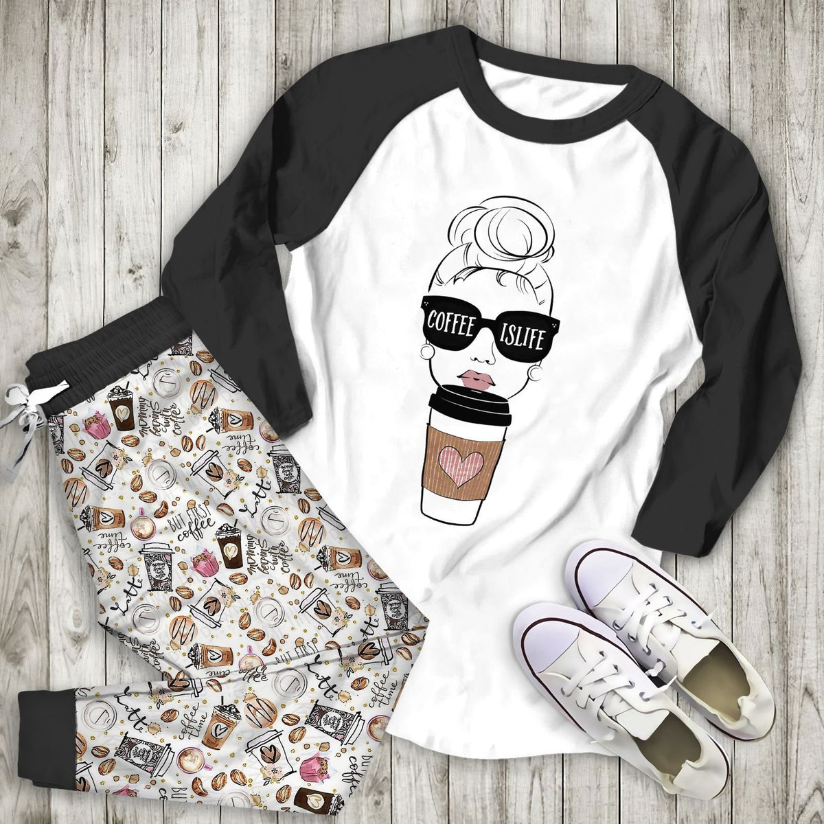Coffee Coffee Is Life Aao Pajama Set |Sleepwear Pjs Sets | Raglan Shirt Pants Set