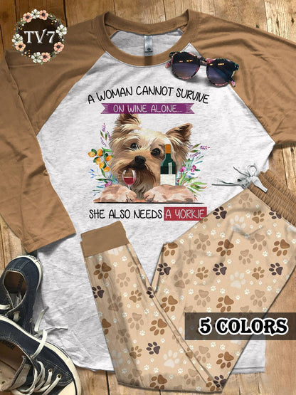 Yorksire Terrier Wine And Yorkie Pajama Set |Sleepwear Pjs Sets | Raglan Shirt Pants Set