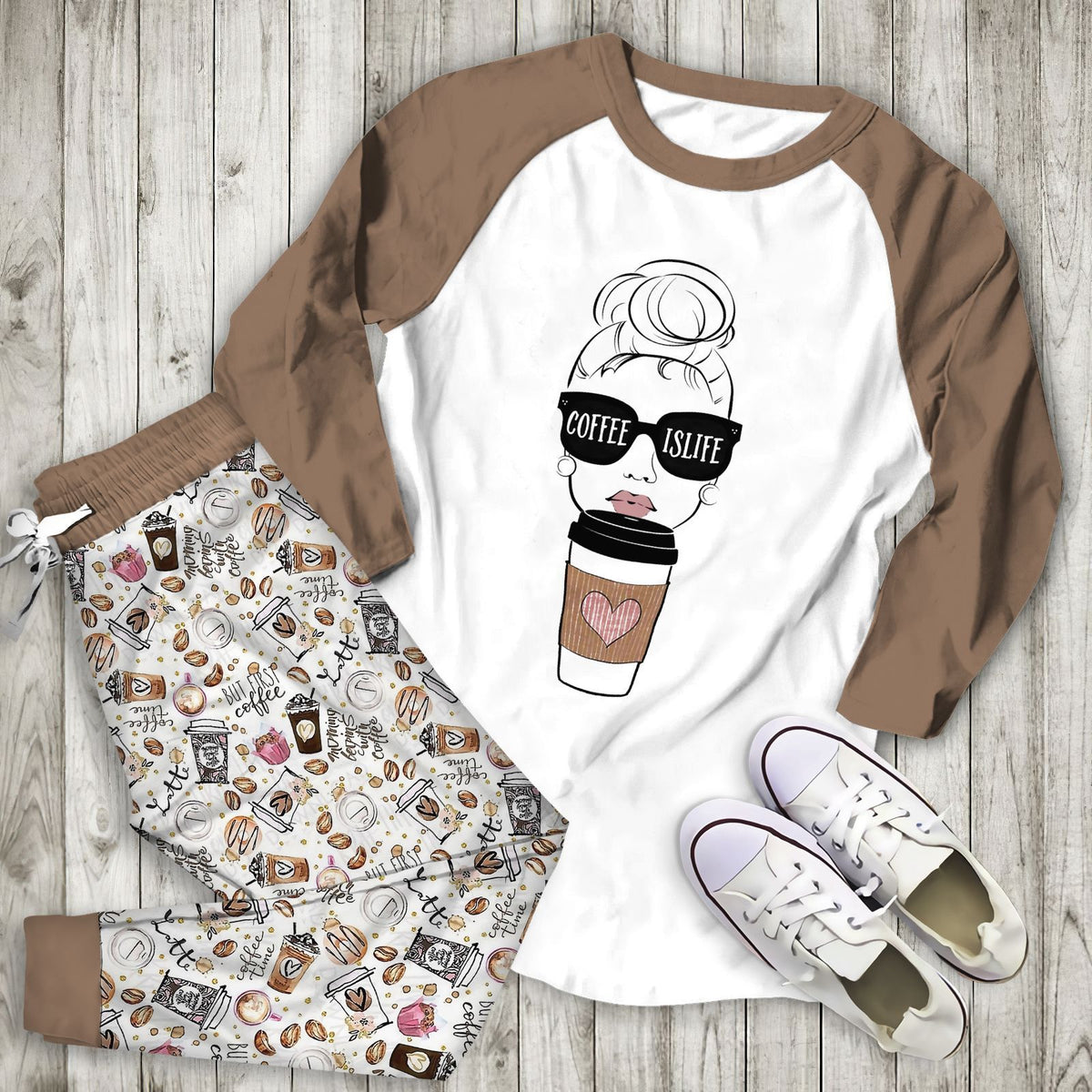 Coffee Coffee Is Life Aao Pajama Set |Sleepwear Pjs Sets | Raglan Shirt Pants Set