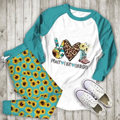 Cowgirl Peace Love Country Aap Pajama Set |Sleepwear Pjs Sets | Raglan Shirt Pants Set