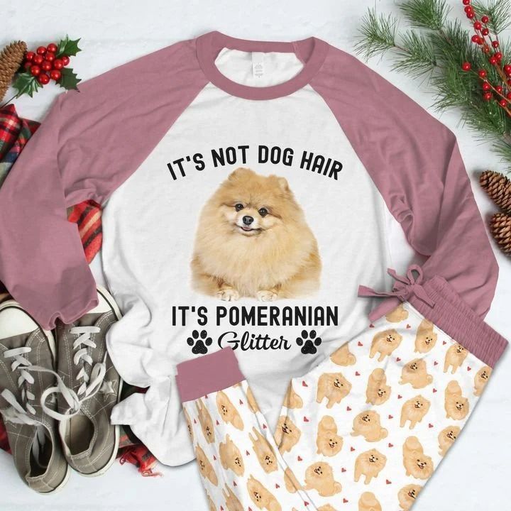 Pomeranian Glitter Pajama Set |Sleepwear Pjs Sets | Raglan Shirt Pants Set