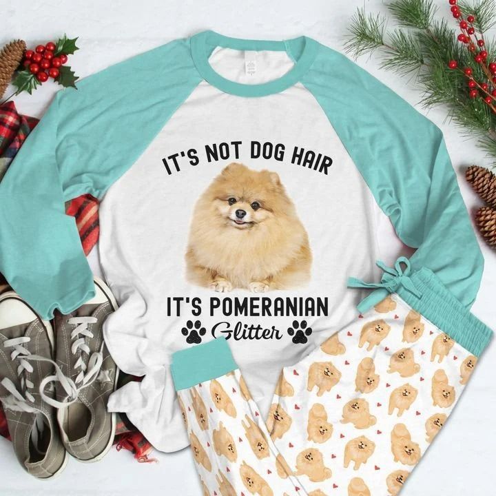 Pomeranian Glitter Pajama Set |Sleepwear Pjs Sets | Raglan Shirt Pants Set