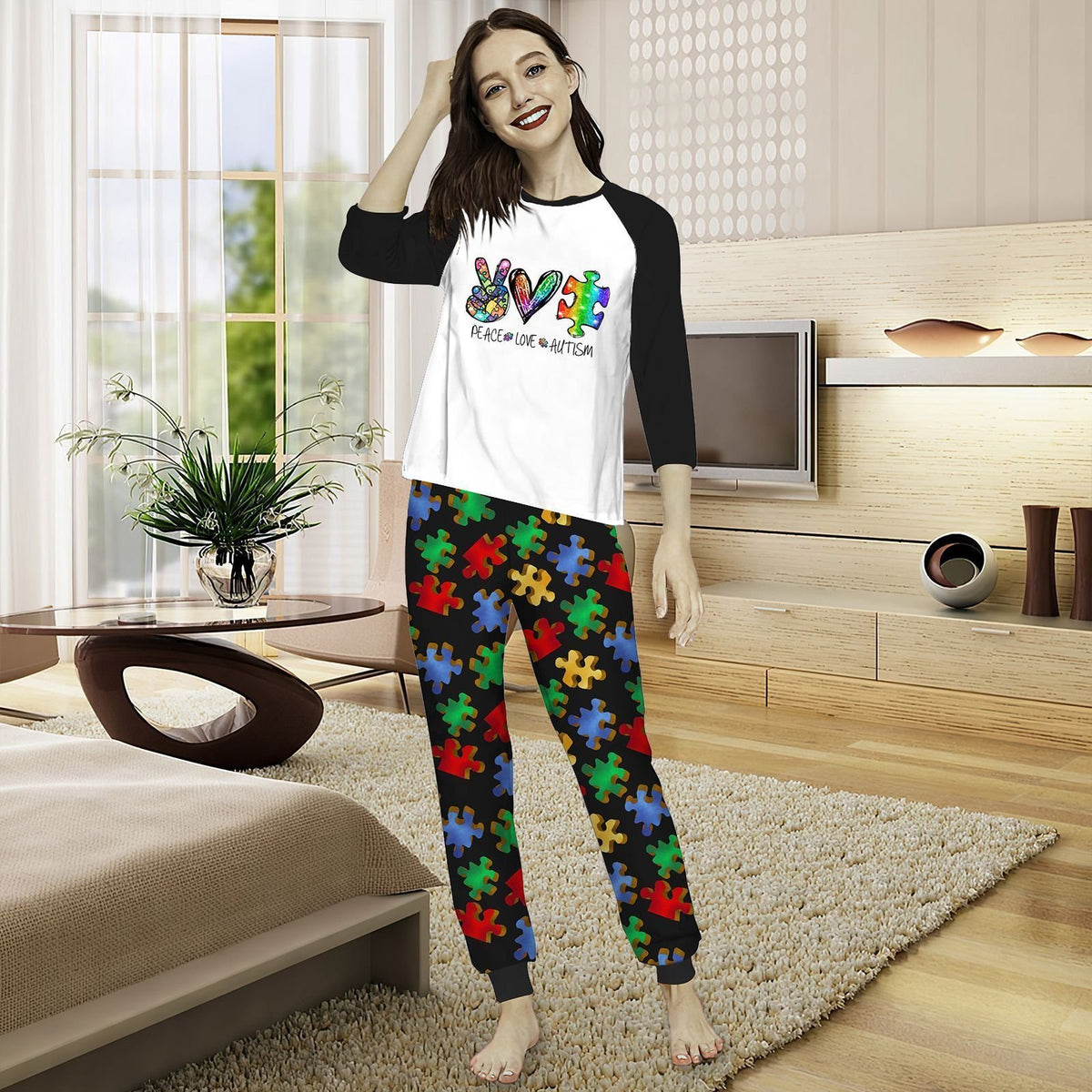 Autism Peace Love Autism Aaa Pajama Set |Sleepwear Pjs Sets | Raglan Shirt Pants Set