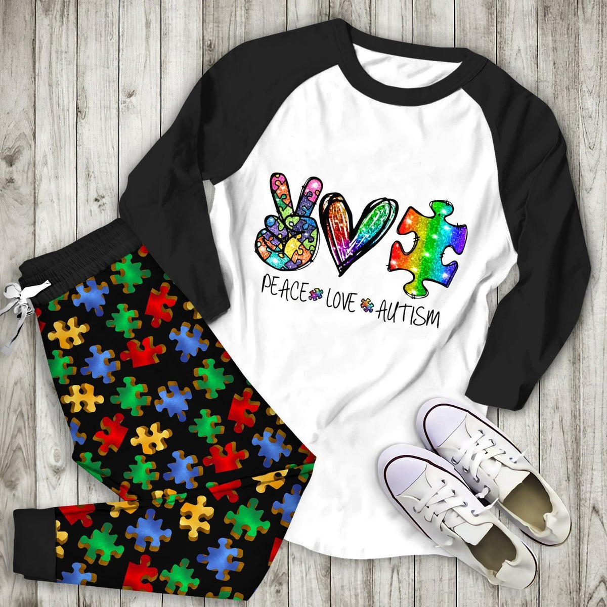Autism Peace Love Autism Aaa Pajama Set |Sleepwear Pjs Sets | Raglan Shirt Pants Set