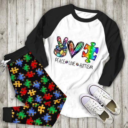 Autism Peace Love Autism Aaa Pajama Set |Sleepwear Pjs Sets | Raglan Shirt Pants Set