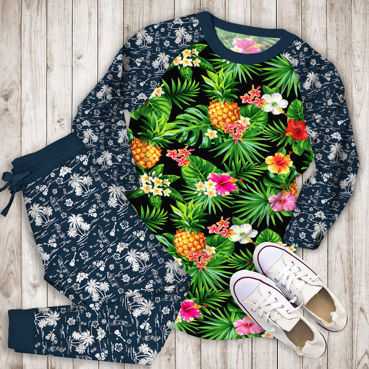 Aloha Hawaii Tropical Pattern Print Pajama Set | Pajamas | Cotton Sleepwear Sets | Soft Long Sleeve Pjs | Raglan Shirt and Pants Set