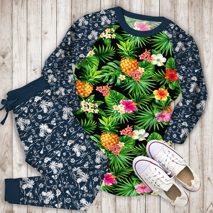 Aloha Hawaii Tropical Pattern Print Pajama Set | Pajamas | Cotton Sleepwear Sets | Soft Long Sleeve Pjs | Raglan Shirt and Pants Set