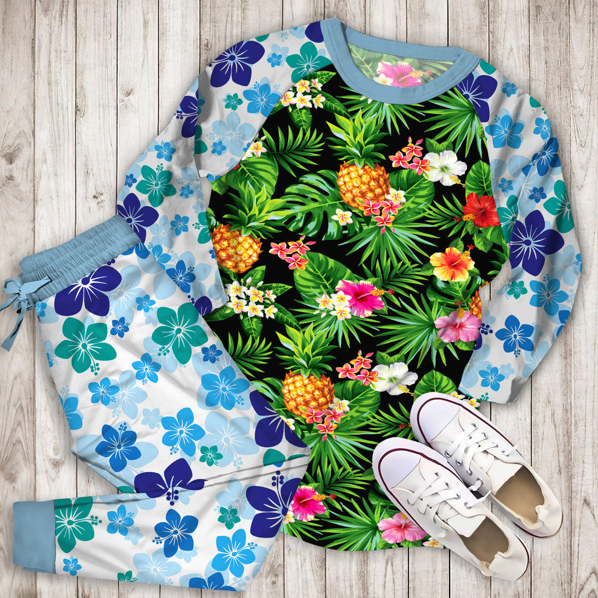 Aloha Hawaii Tropical Pattern Print Pajama Set | Pajamas | Cotton Sleepwear Sets | Soft Long Sleeve Pjs | Raglan Shirt and Pants Set