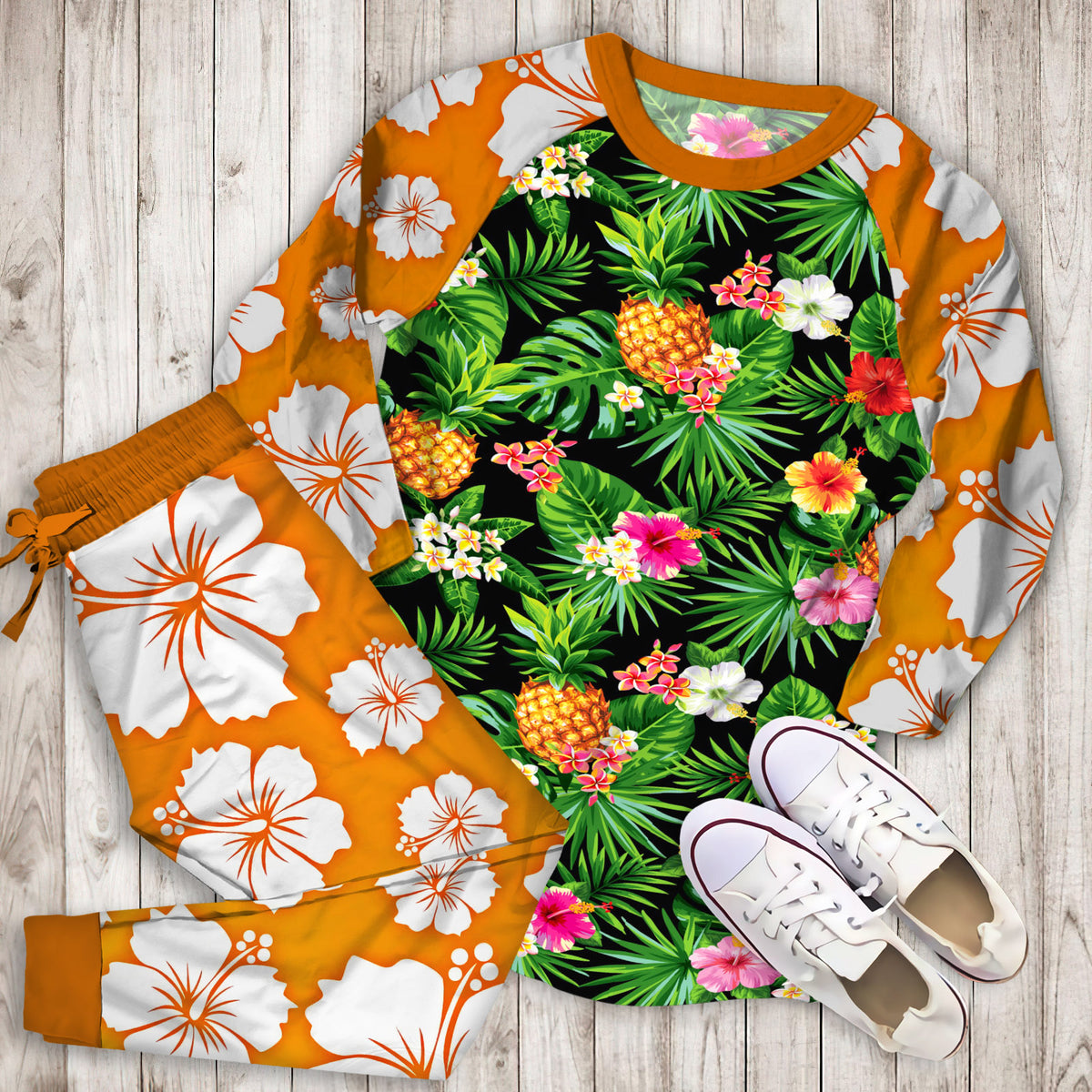 Aloha Hawaii Tropical Pattern Print Pajama Set | Pajamas | Cotton Sleepwear Sets | Soft Long Sleeve Pjs | Raglan Shirt and Pants Set