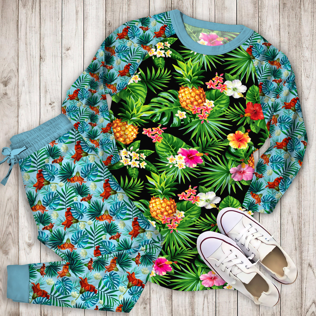 Aloha Hawaii Tropical Pattern Print Pajama Set | Pajamas | Cotton Sleepwear Sets | Soft Long Sleeve Pjs | Raglan Shirt and Pants Set