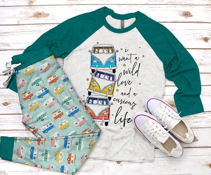 Camping I Want A Wild Love And A Curious Life Pajama Set |Sleepwear Pjs Sets | Raglan Shirt Pants Set