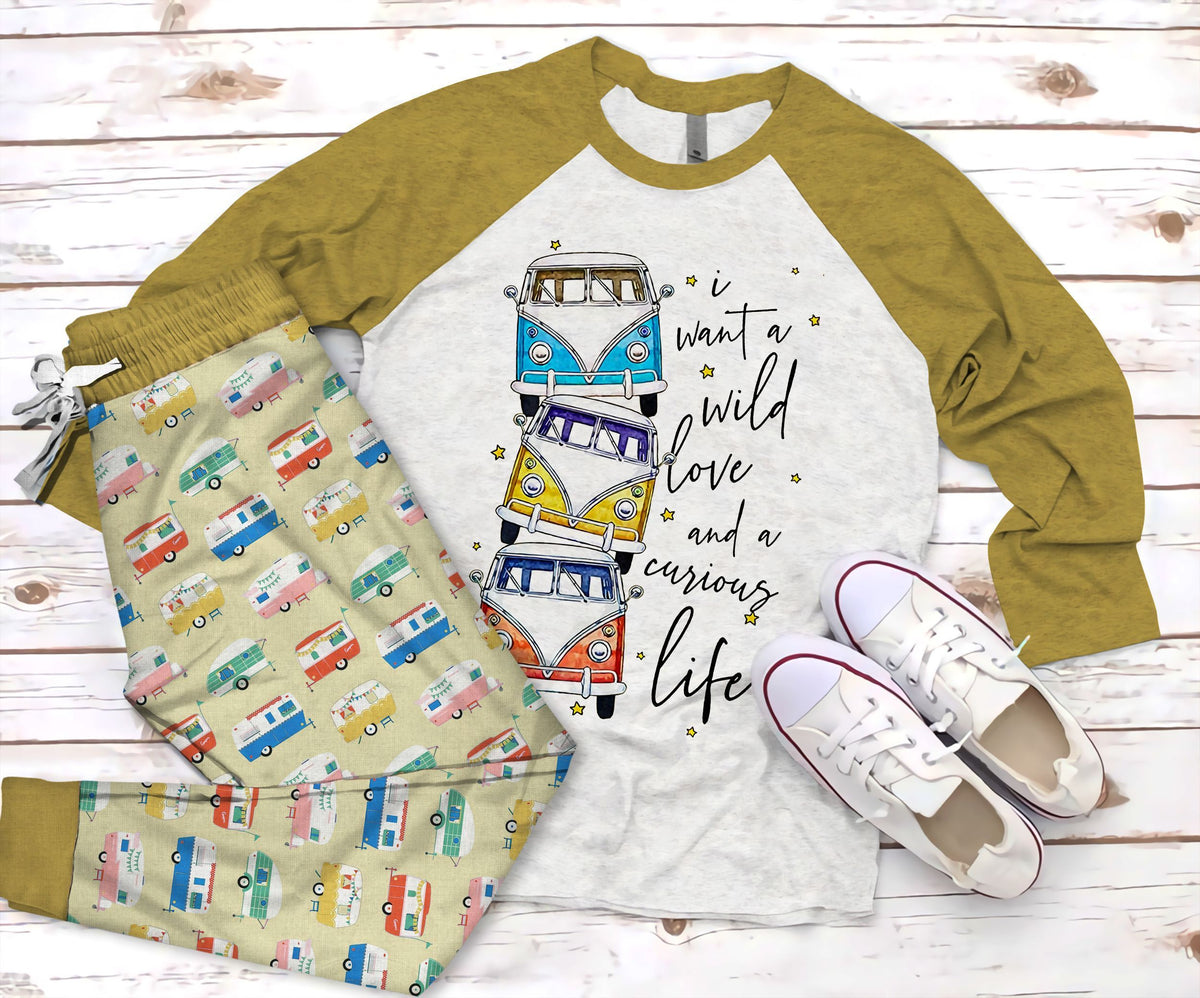 Camping I Want A Wild Love And A Curious Life Pajama Set |Sleepwear Pjs Sets | Raglan Shirt Pants Set