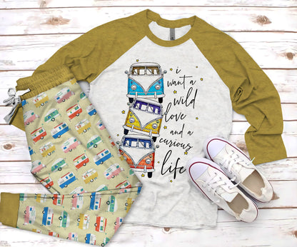 Camping I Want A Wild Love And A Curious Life Pajama Set |Sleepwear Pjs Sets | Raglan Shirt Pants Set