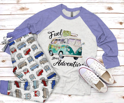 Camping Fuel Your Adventure Pajama Set |Sleepwear Pjs Sets | Raglan Shirt Pants Set