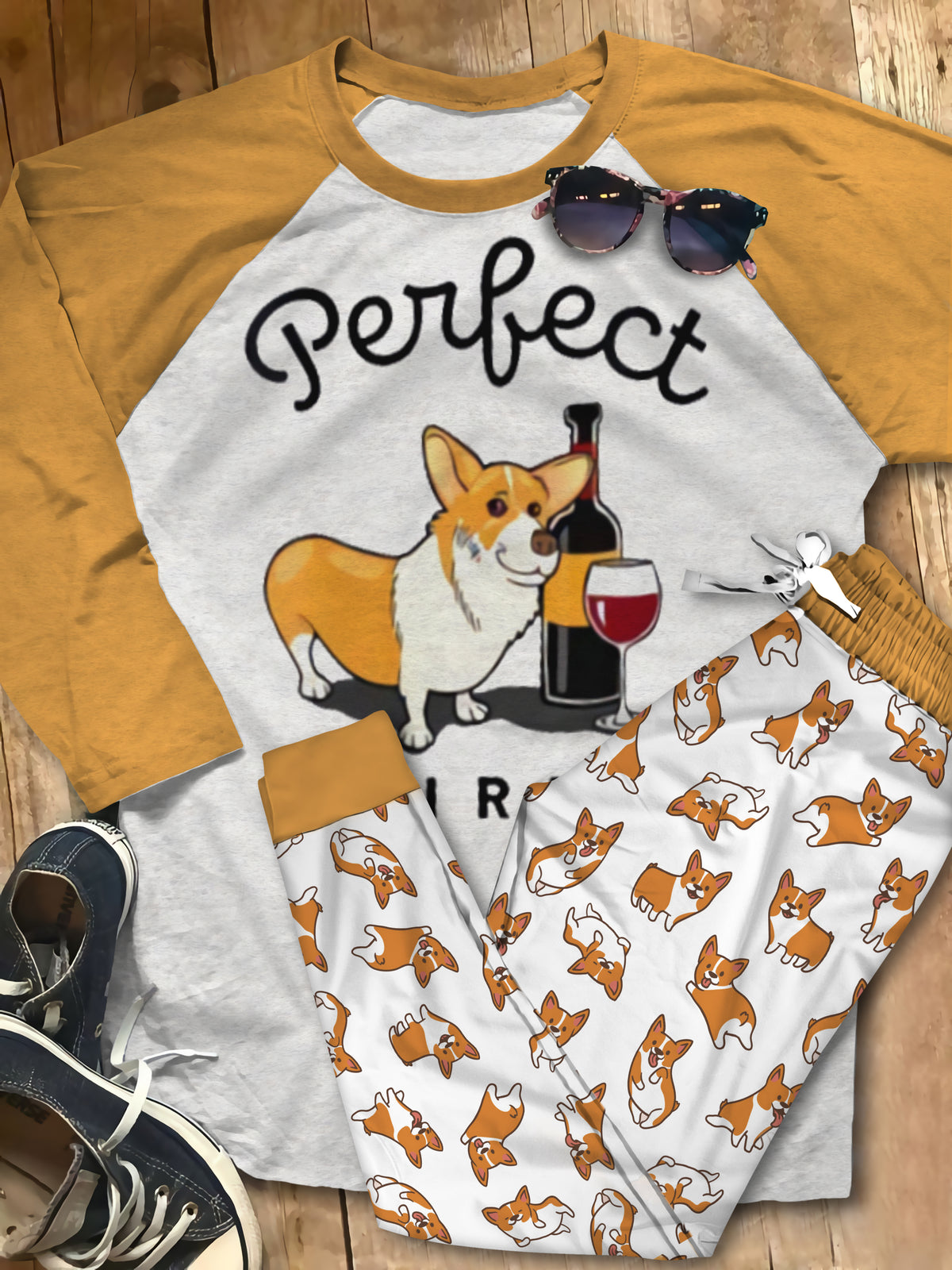 Corgi Perfect Match Pajama Set |Sleepwear Pjs Sets | Raglan Shirt Pants Set