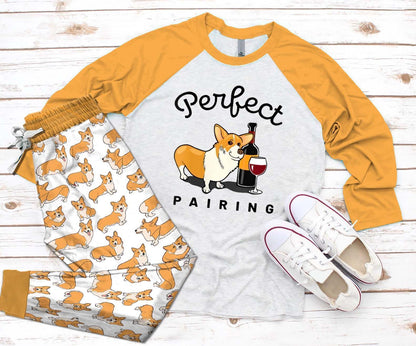 Corgi Perfect Match Pajama Set |Sleepwear Pjs Sets | Raglan Shirt Pants Set