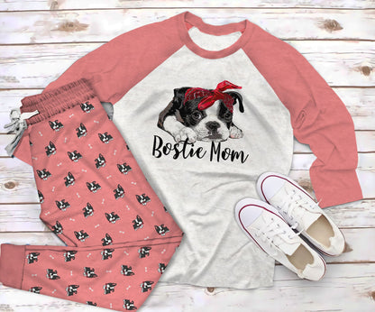 Boston Terrier Bostie Mom Pajama Set |Sleepwear Pjs Sets | Raglan Shirt Pants Set