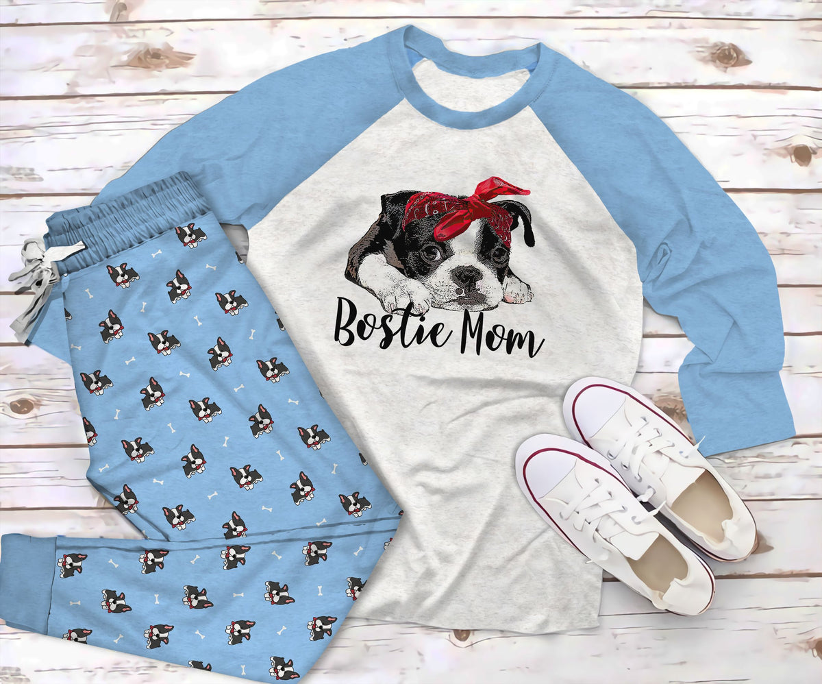 Boston Terrier Bostie Mom Pajama Set |Sleepwear Pjs Sets | Raglan Shirt Pants Set