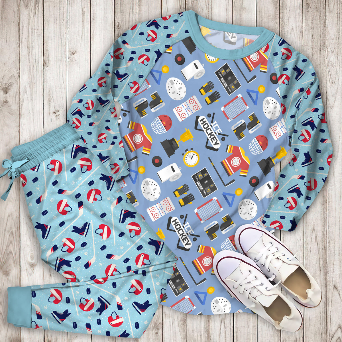 Hockey Pajama Set | Pajamas | Cotton Sleepwear Sets | Soft Long Sleeve Pjs | Raglan Shirt and Pants Set