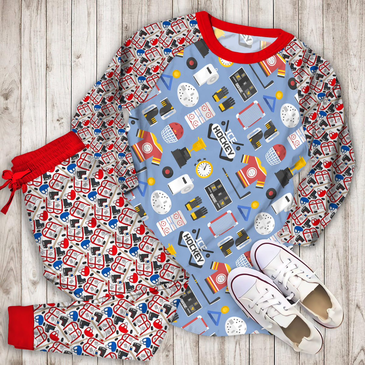 Hockey Pajama Set | Pajamas | Cotton Sleepwear Sets | Soft Long Sleeve Pjs | Raglan Shirt and Pants Set