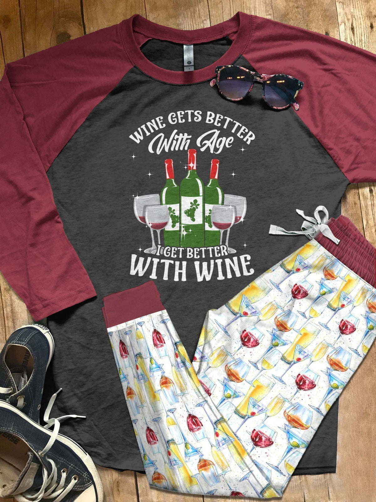 Wine Addiction Pajama Set |Sleepwear Pjs Sets | Raglan Shirt Pants Set