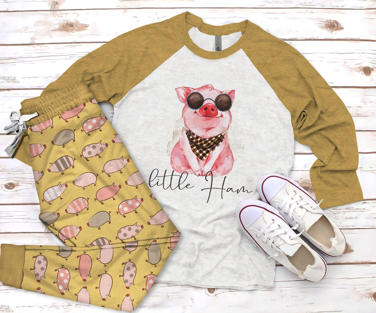 Pig Little Ham Pajama Set |Sleepwear Pjs Sets | Raglan Shirt Pants Set