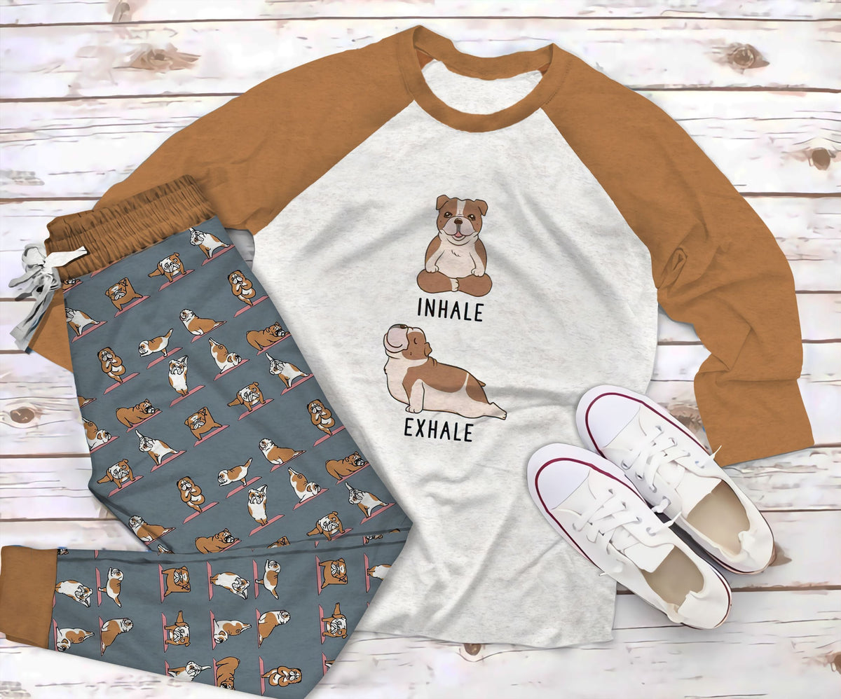 Bulldog Yoga Pajama Set |Sleepwear Pjs Sets | Raglan Shirt Pants Set