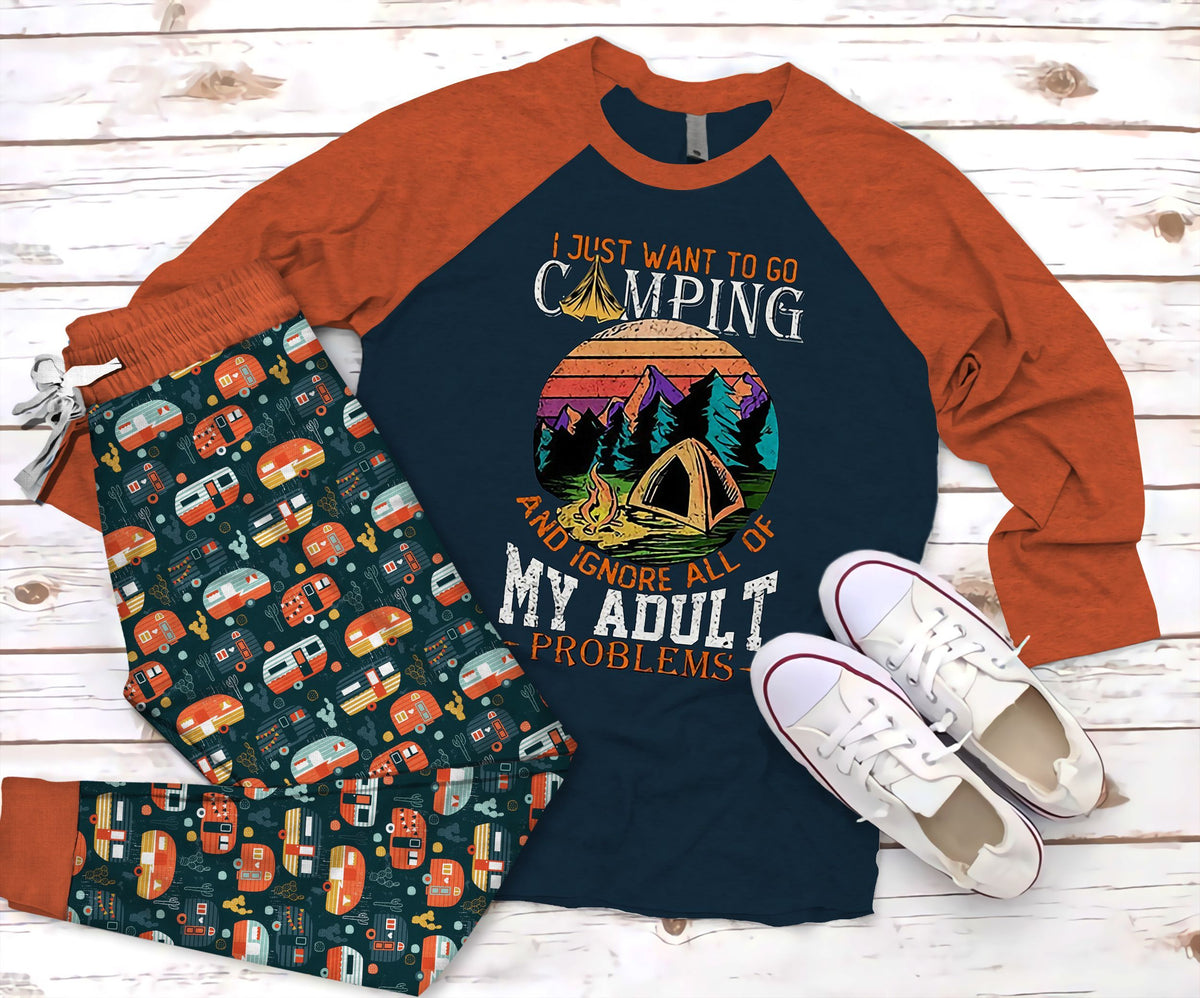 Camping My Adult Pajama Set |Sleepwear Pjs Sets | Raglan Shirt Pants Set
