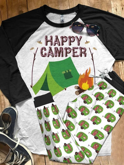Camping Happy Camper Pajama Set |Sleepwear Pjs Sets | Raglan Shirt Pants Set