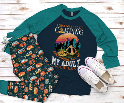 Camping My Adult Pajama Set |Sleepwear Pjs Sets | Raglan Shirt Pants Set