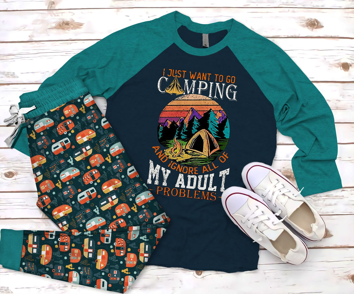 Camping My Adult Pajama Set |Sleepwear Pjs Sets | Raglan Shirt Pants Set