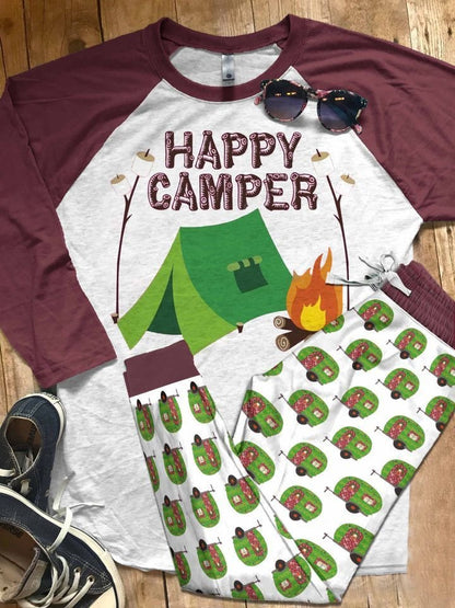 Camping Happy Camper Pajama Set |Sleepwear Pjs Sets | Raglan Shirt Pants Set