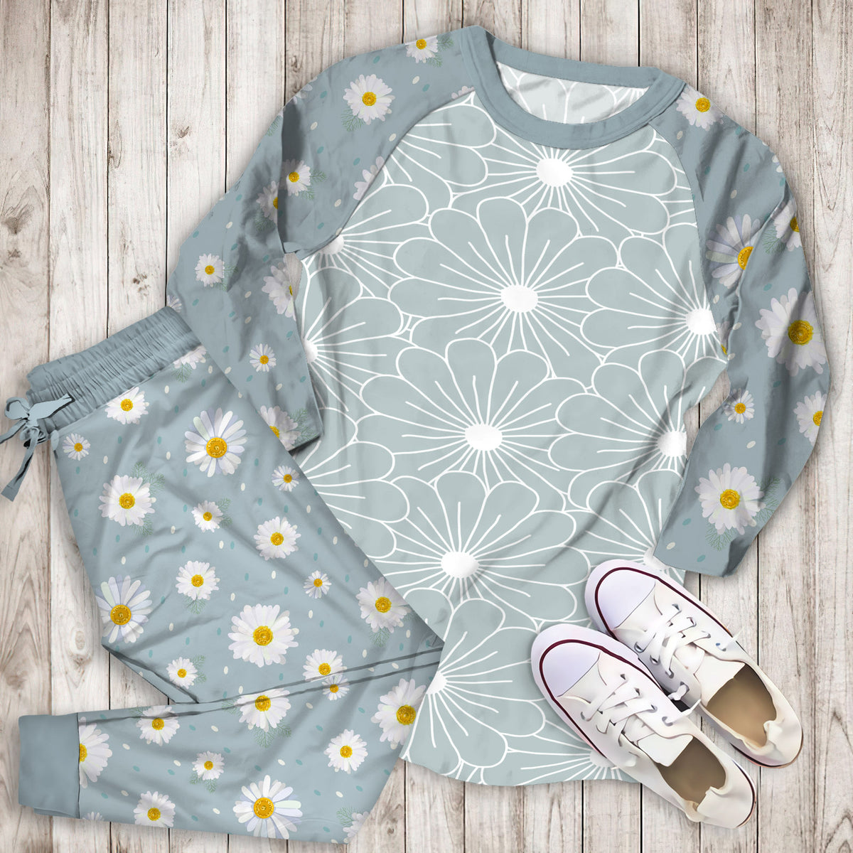 Daisies Flower Pajama Set |Sleepwear Pjs Sets | Raglan Shirt Pants Set