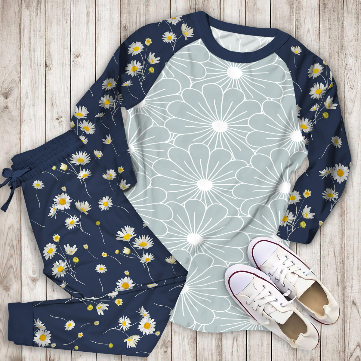 Daisies Flower Pajama Set |Sleepwear Pjs Sets | Raglan Shirt Pants Set