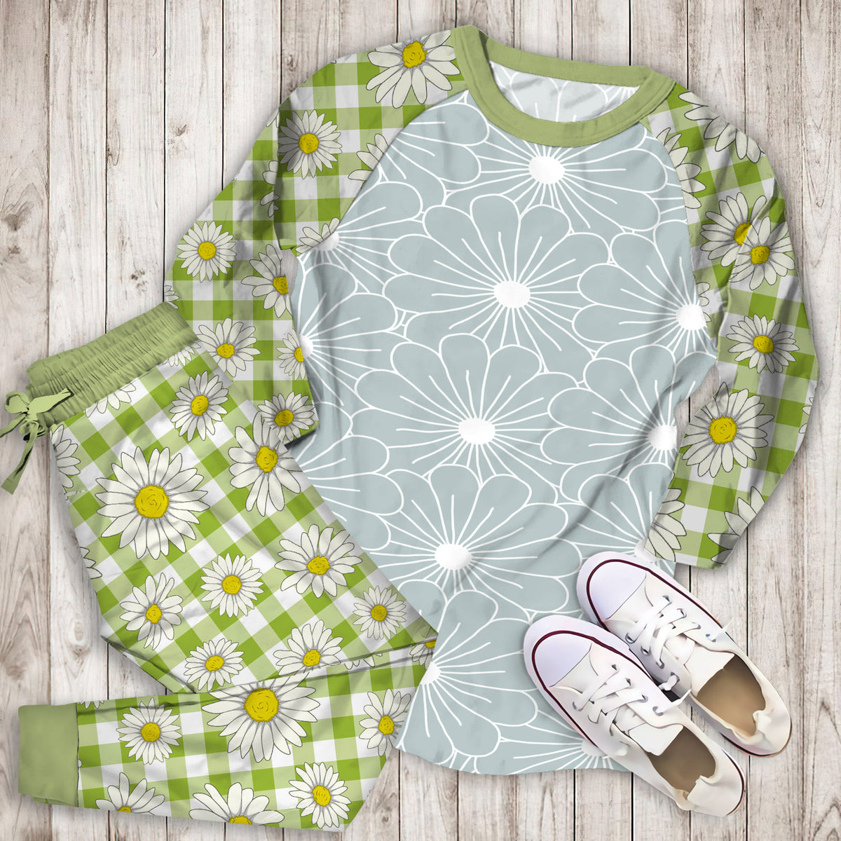 Daisies Flower Pajama Set |Sleepwear Pjs Sets | Raglan Shirt Pants Set