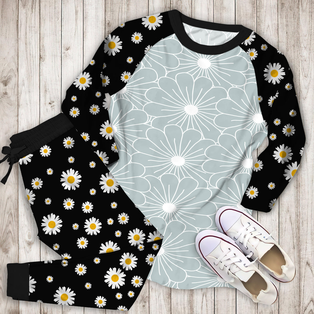 Daisies Flower Pajama Set |Sleepwear Pjs Sets | Raglan Shirt Pants Set