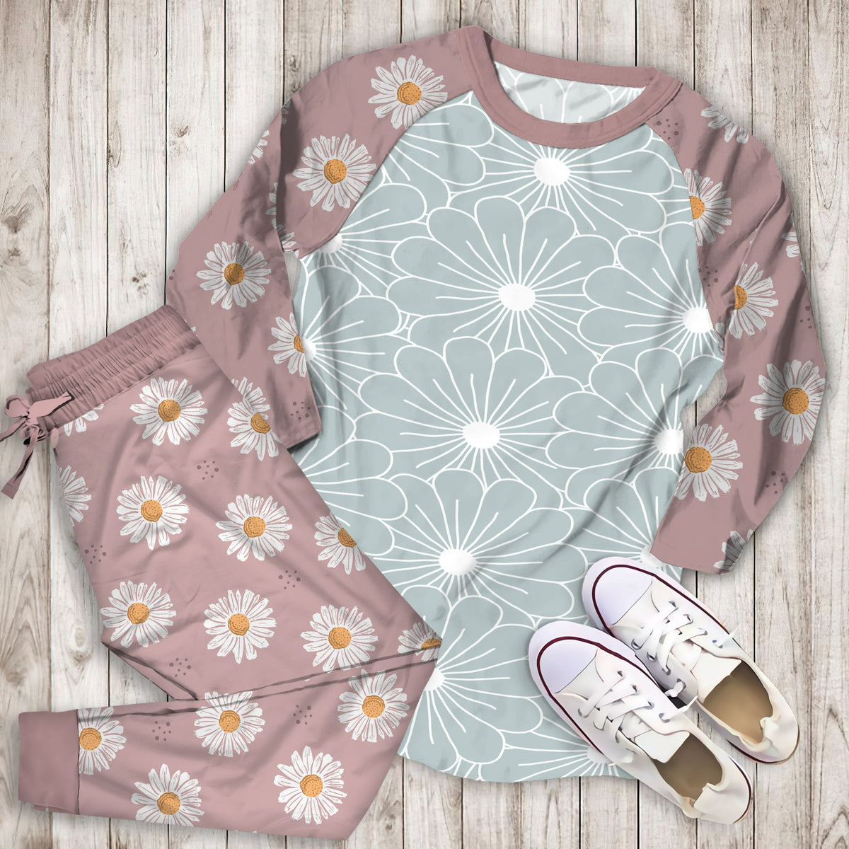 Daisies Flower Pajama Set |Sleepwear Pjs Sets | Raglan Shirt Pants Set