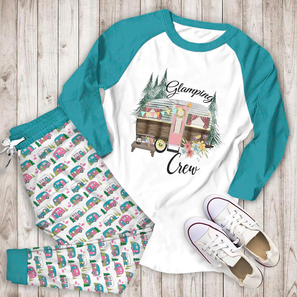 Camping Glamping Crew Aag Pajama Set |Sleepwear Pjs Sets | Raglan Shirt Pants Set