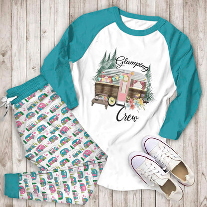 Camping Glamping Crew Aag Pajama Set |Sleepwear Pjs Sets | Raglan Shirt Pants Set