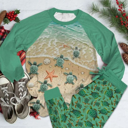 Sea Turtle To The Sea Pajama Set |Sleepwear Pjs Sets | Raglan Shirt Pants Set