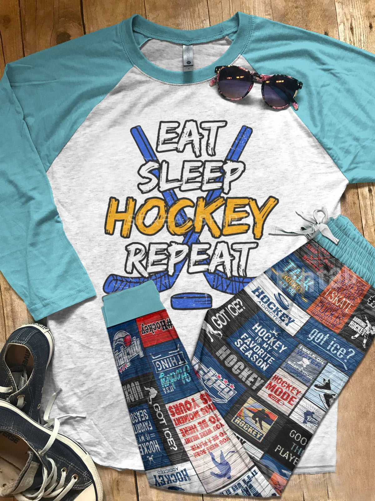 Hockey Set Eat Sleep Repeat Pajama Set |Sleepwear Pjs Sets | Raglan Shirt Pants Set