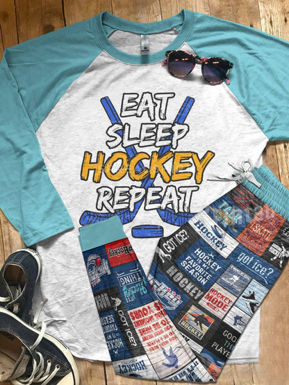 Hockey Set Eat Sleep Repeat Pajama Set |Sleepwear Pjs Sets | Raglan Shirt Pants Set