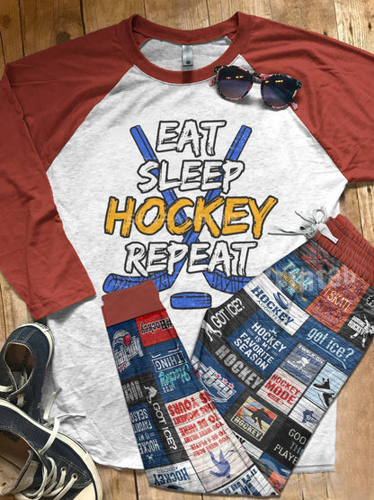 Hockey Set Eat Sleep Repeat Pajama Set |Sleepwear Pjs Sets | Raglan Shirt Pants Set