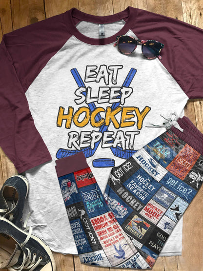 Hockey Set Eat Sleep Repeat Pajama Set |Sleepwear Pjs Sets | Raglan Shirt Pants Set