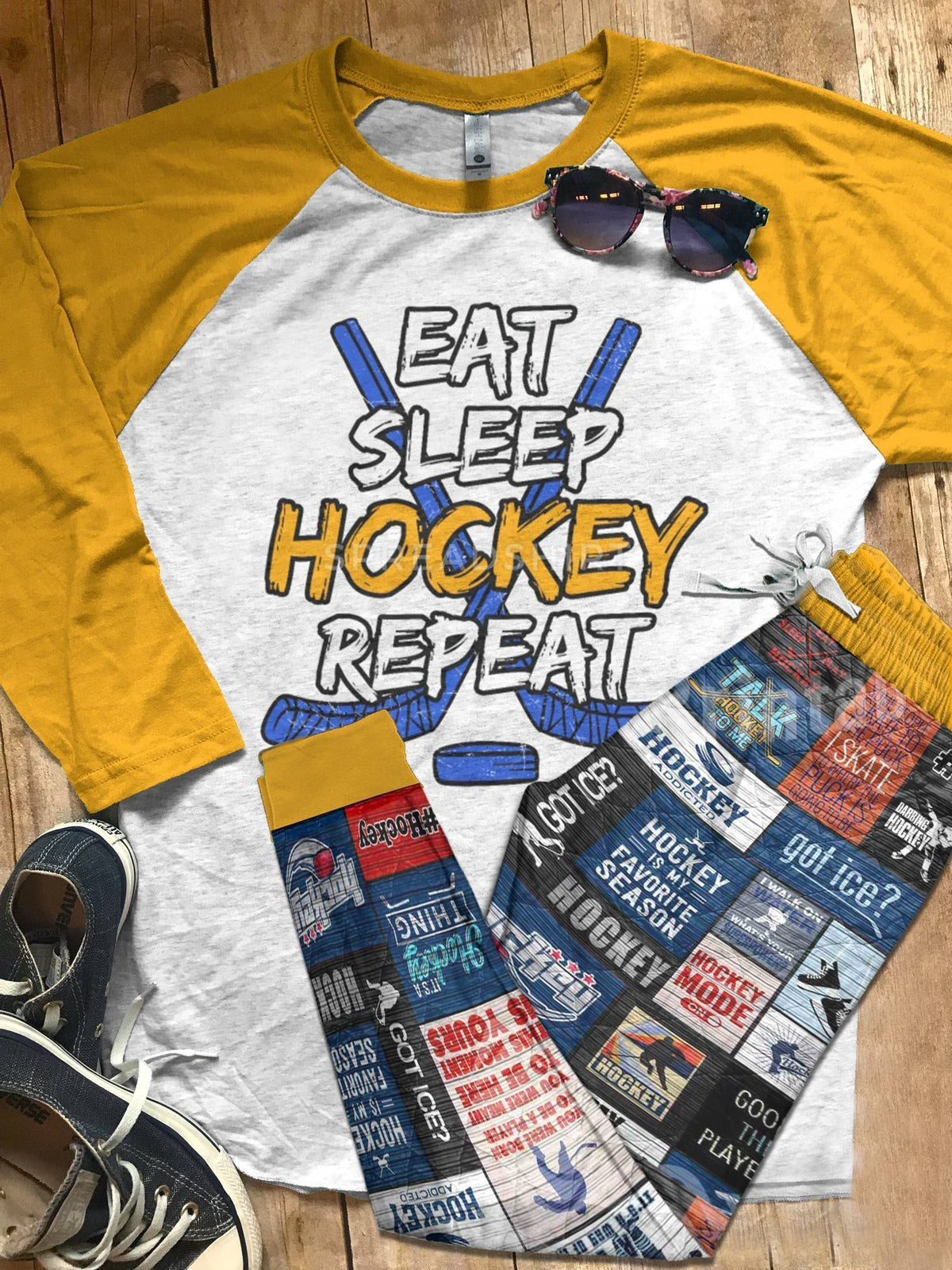 Hockey Set Eat Sleep Repeat Pajama Set |Sleepwear Pjs Sets | Raglan Shirt Pants Set