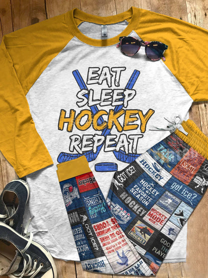 Hockey Set Eat Sleep Repeat Pajama Set |Sleepwear Pjs Sets | Raglan Shirt Pants Set