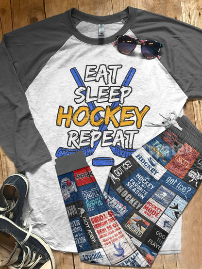Hockey Set Eat Sleep Repeat Pajama Set |Sleepwear Pjs Sets | Raglan Shirt Pants Set